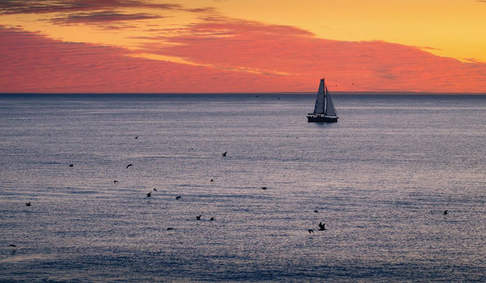 A sailboat and scattered seabirds beneath a vivid orange and coral sunset over the Pacific Ocean.